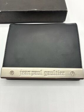 Vintage Jean Paul Gaultier Leather Wallet Black Metal Logo w Original Box